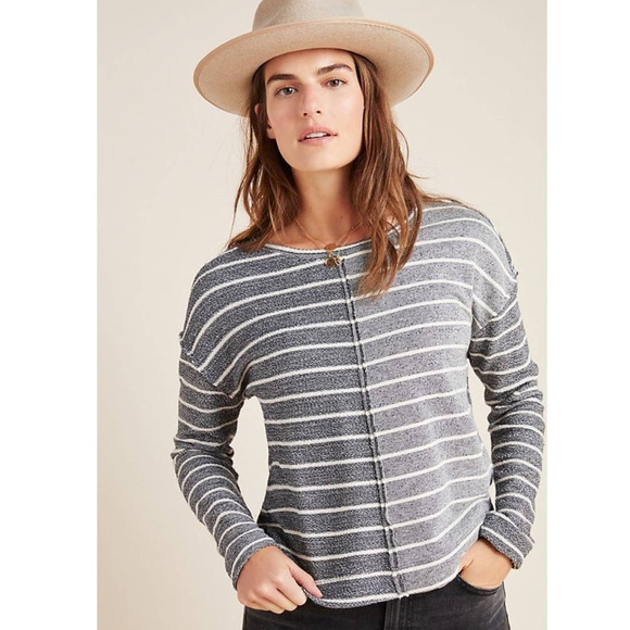 NWT Anthropologie Blue & Ivory Textured Stripe Raw Trim Sweatshirt - Picture 2 of 10